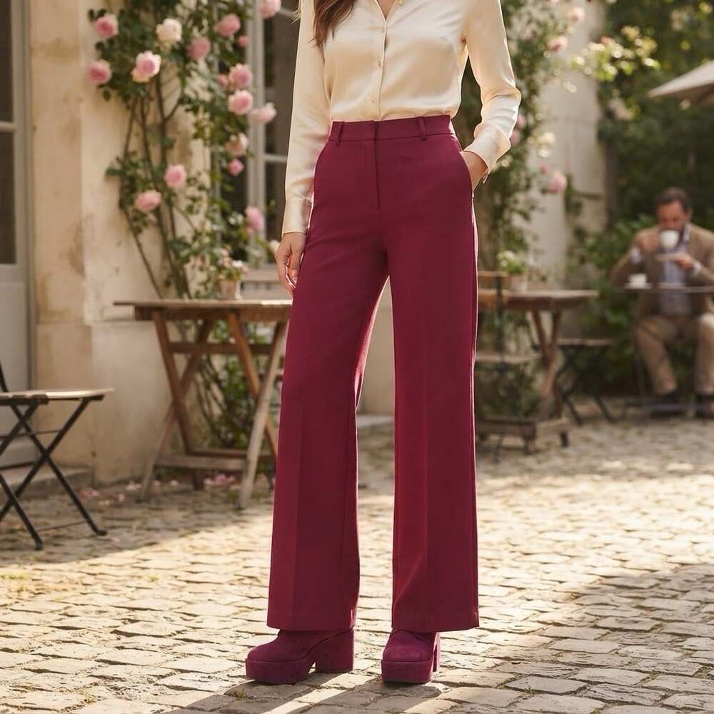 VTG 70s Sz 26 High Rise Wide Leg Full Length Burgundy Red Womens Pants